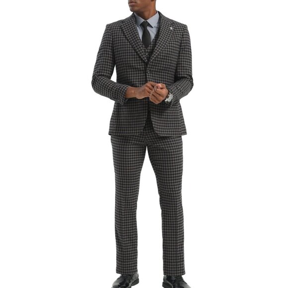 Grey/Navy Houndstooth Notch Lapel 3 Piece Stacy Adams Men's Suit - Picture 2 of 3